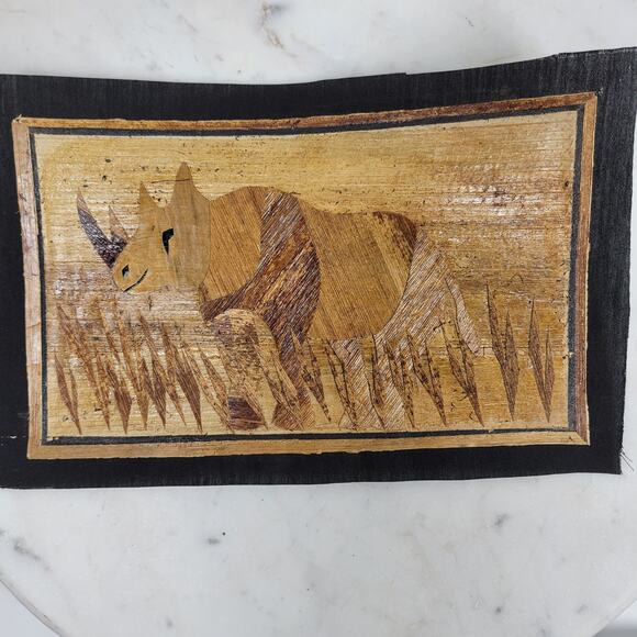 Vintage Banana Leaf Elephant and Rhino Painting Unframed Safari Wall Art - Picture 5 of 11